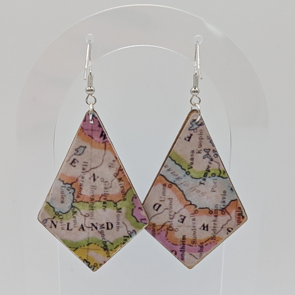 Handmade Map Print Earrings, Decoupaged on Wood - Picture 7 of 7